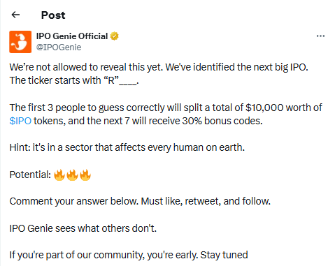 IPO Genie悬赏1万美元猜公司名，真实供应链巨头即将揭晓