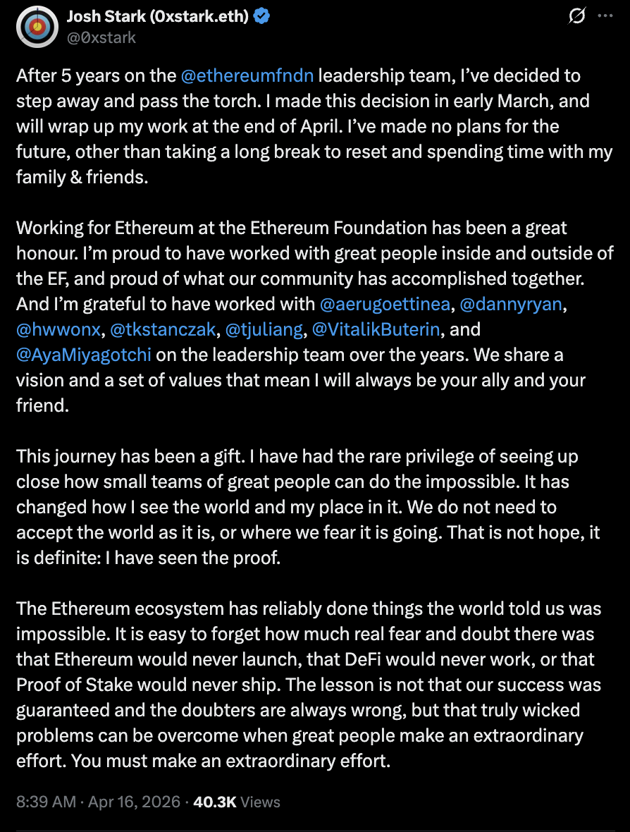 以太坊核心人物离职引关注，基金会人事震荡持续