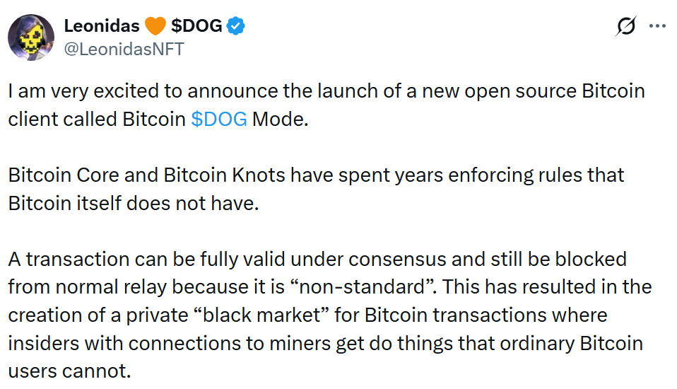 比特币$DOG模式引爆争议：新客户端挑战核心规则