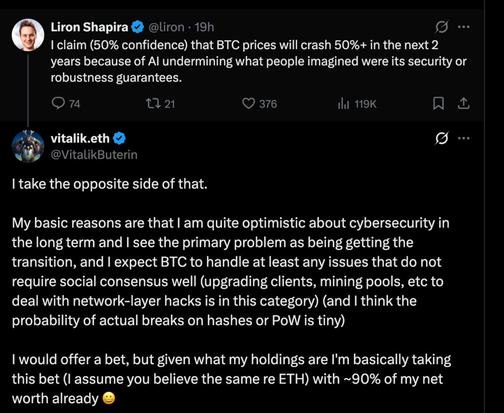 Vitalik Buterin 驳斥比特币暴跌50%的警告，AI安全担忧加剧