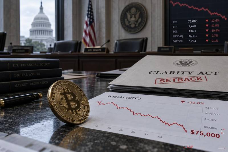 比特币在CLARITY法案受挫后跌至75,000美元