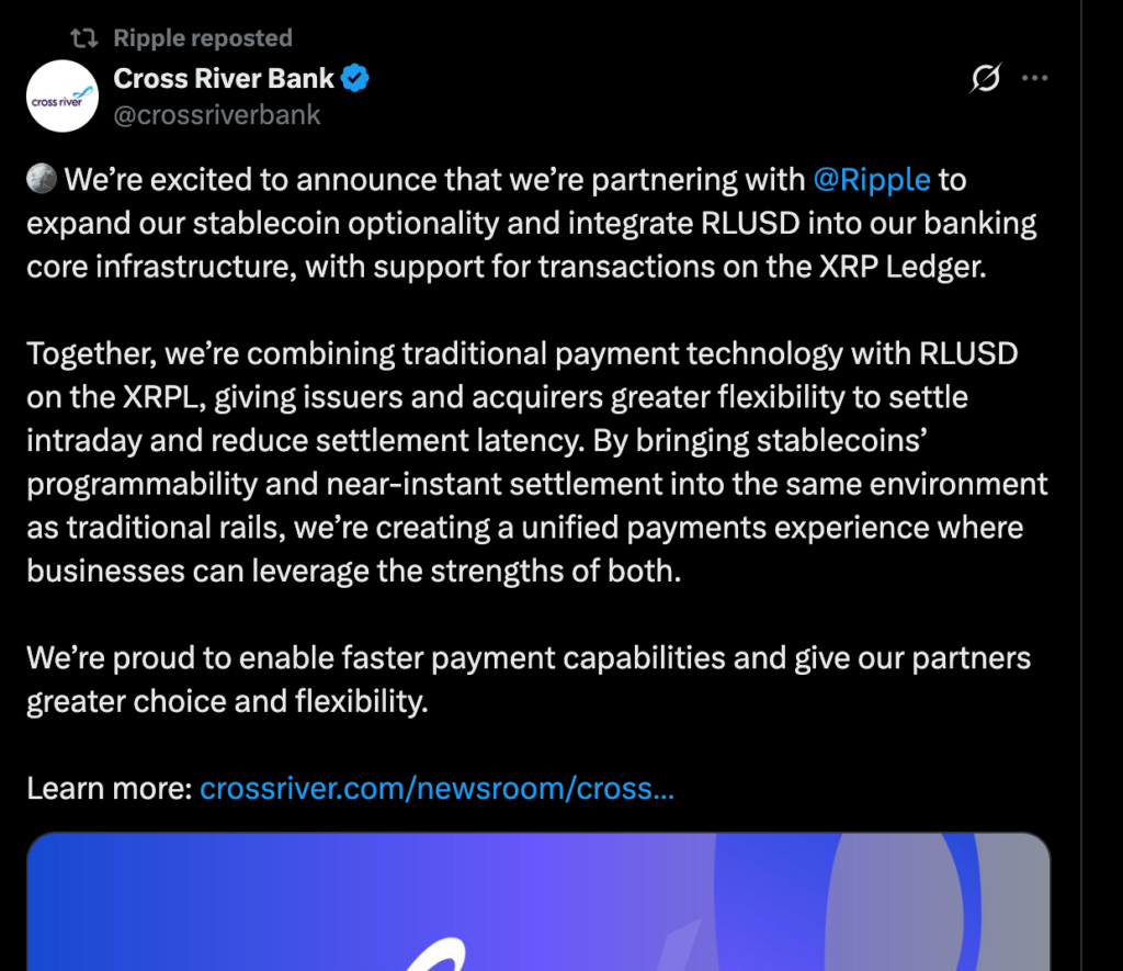 XRP新闻：瑞波RLUSD稳定币通过与Cross River的合作进入美国银行业